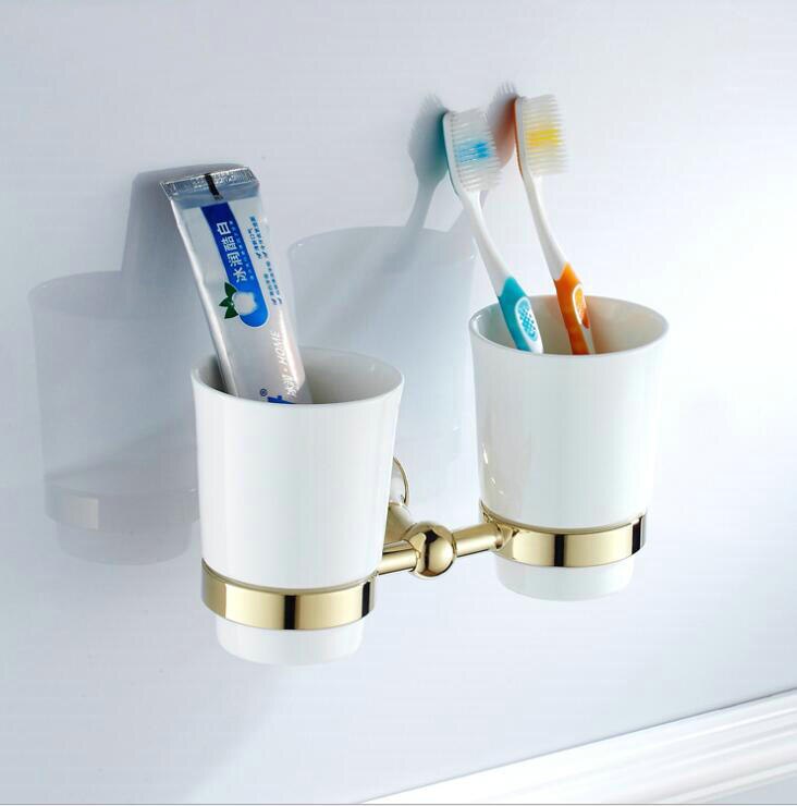 Portavasos y vaso antiguos de latón, soporte para cepillo de dientes antiguo con tazas dobles de cerámica, accesorios de baño, hardware de baño: gold
