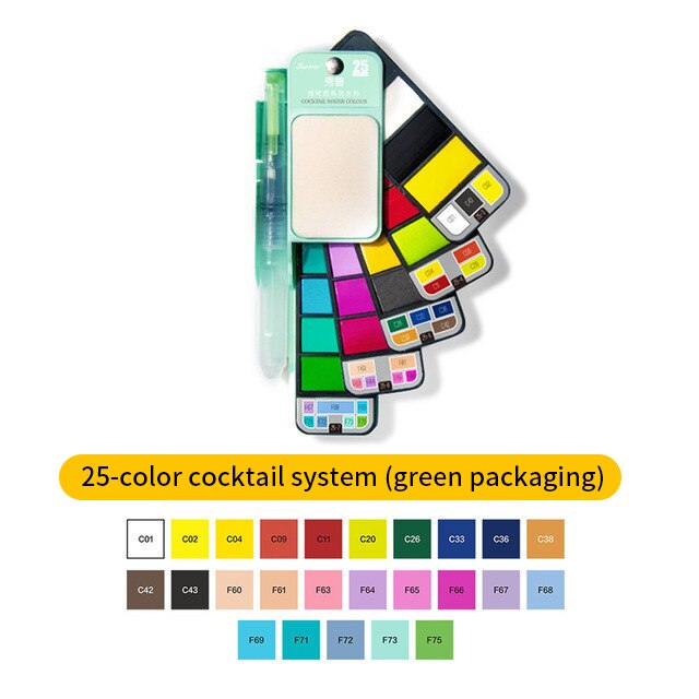 Superior 42Colors Big Set Solid Watercolor Paint With Water Brush Pen Foldable Travel Water Color Pigment For Beginner Student: 25 color green