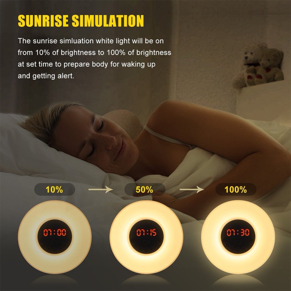 Sunrise Alarm Clock Wake Up Colorful Light Simulation Digital Alarm Clock Nature Sounds FM Radio Snooze Function Touch Control
