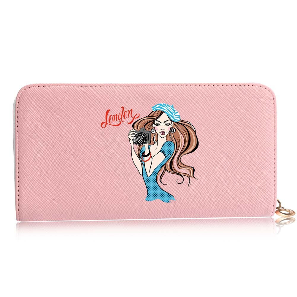 Casual Women Wallets Long Style Cartoon Woman Printing Pattern Female Card Holder Zipper Coin Purses Carteira Feminina: E pink