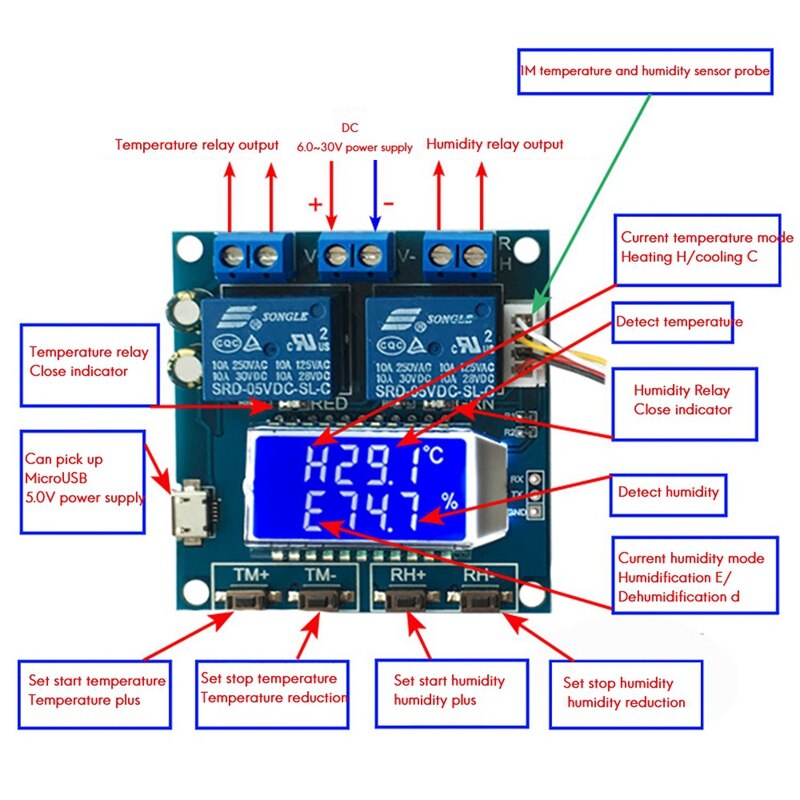 XH-M452 High Precision DC 12V 10A Digital LED Dual Output Temperature and Humidity Controller Module with SHT20 Sensor