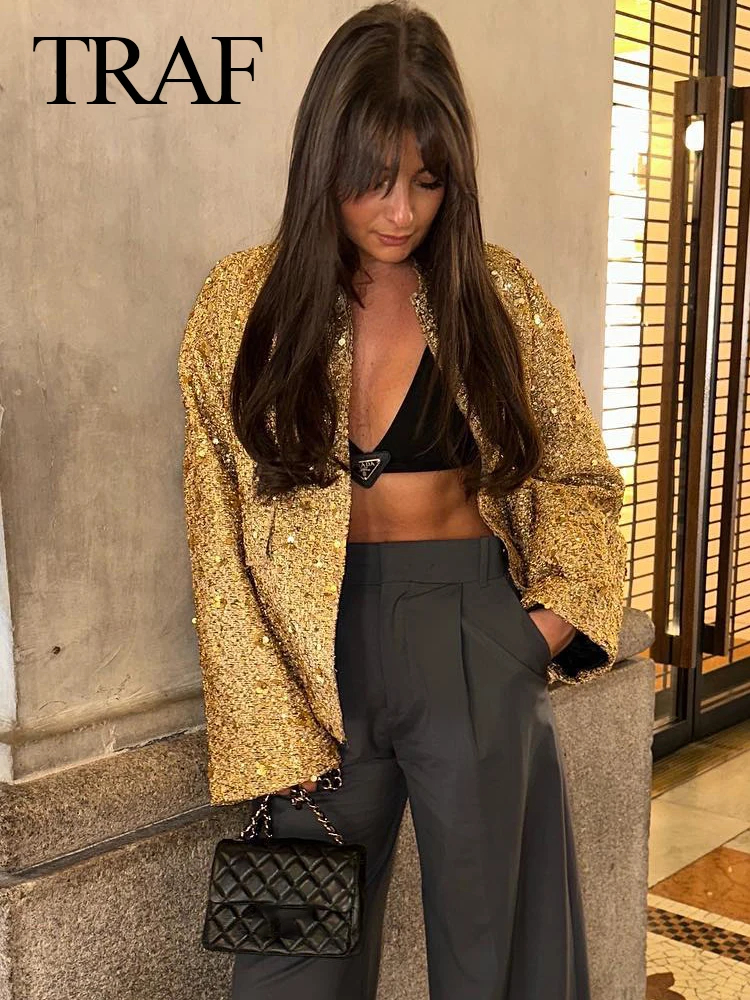 TRAFZA Frauen Glänzende Pailletten Jacke Y2k Gold Farbe Stehkragen Langarm Kurzarm Mantel Herbst Winter Damen Hohe Streetwear