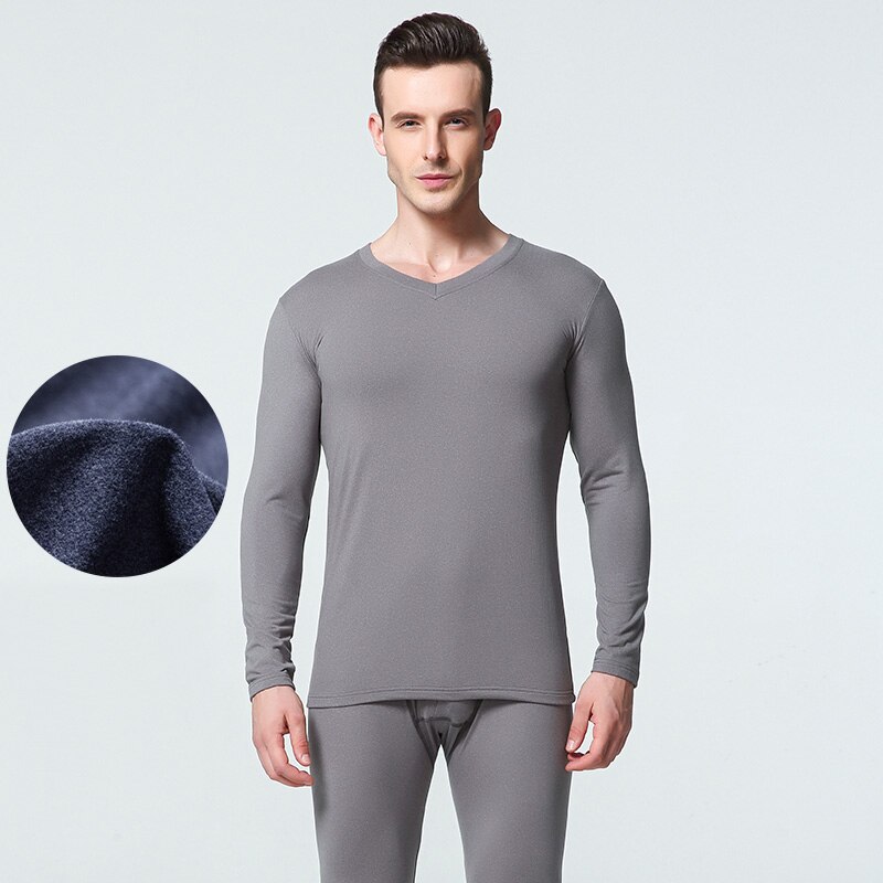 1 Sets Winter Long Johns Men Thermal Underwear Sets Simple Solid V-neck Keep Warm For Man Male Clothing Sleep Wear Spring Autumn: Grey / XL