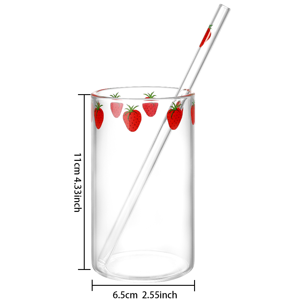Cute Fruit Printed Glass Mug Cup Heat-resistant Milk Juice Glass Water Cup with Straw Beer Coffee Cup Whiskey Lemon Tea Mugs: G 300ml