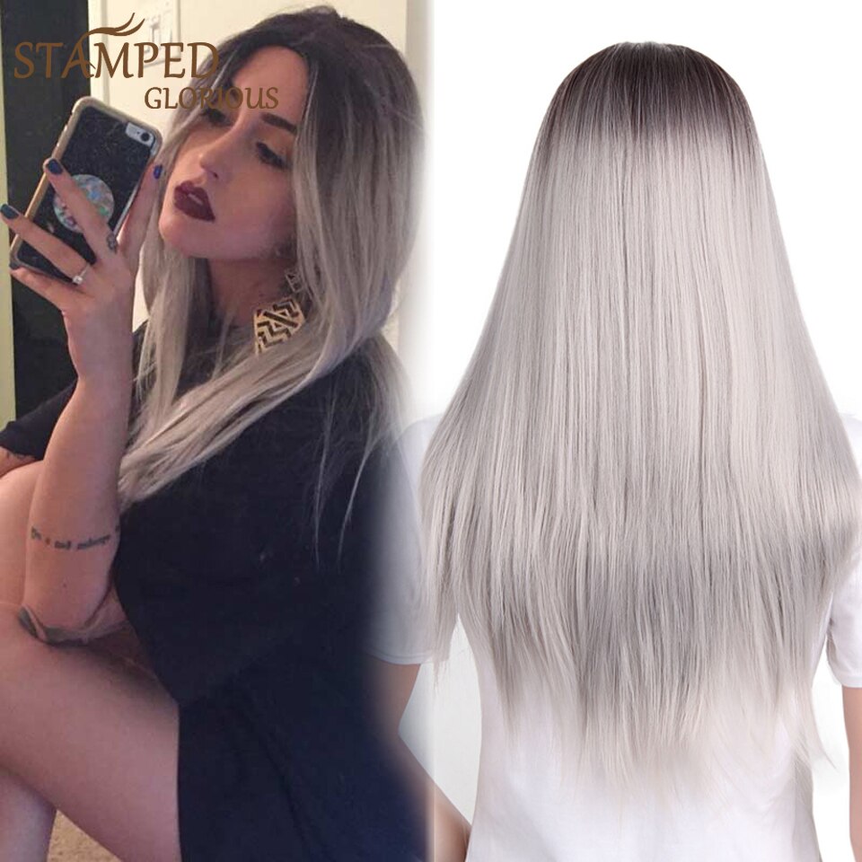 Stamped Glorious 26inches Synthetic Wig Straight Long Black Wig MiddlePart Heat Resistant Fiber Hair Wigs for women