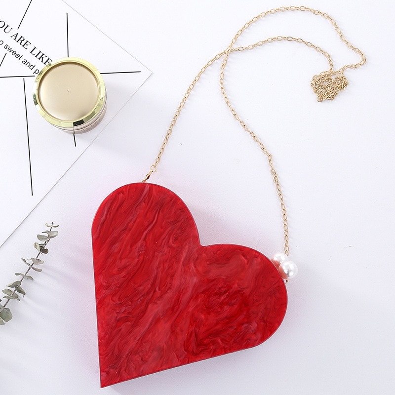 Unique Acrylic Clutch Cute Red Heart Shape Pearl Chain Party Evening bag Women Shoulder Bags Handbag Purses