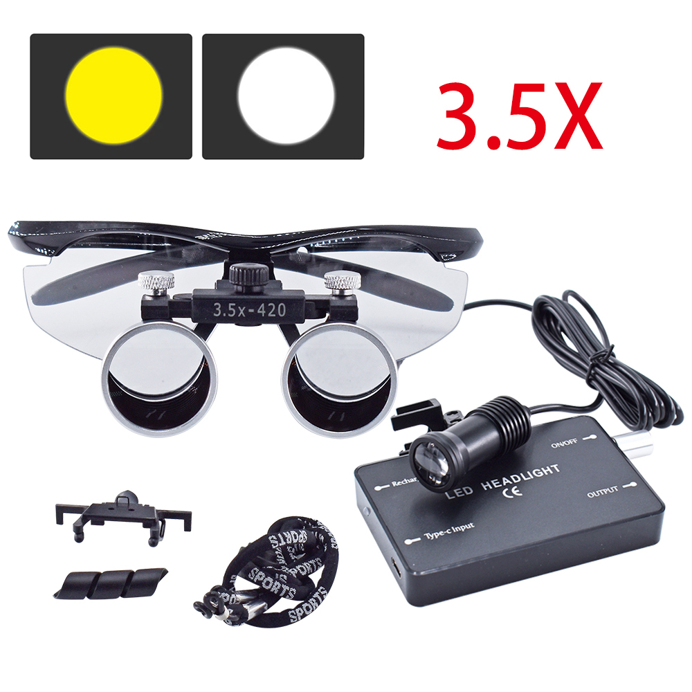 Tandheelkunde Verrekijker Vergrootglas 2.5X 3.5X Ultralichte Optische Loepen 320-420mm Vergrootglas Met Draadloze 5W Koplamp: Donker Geel