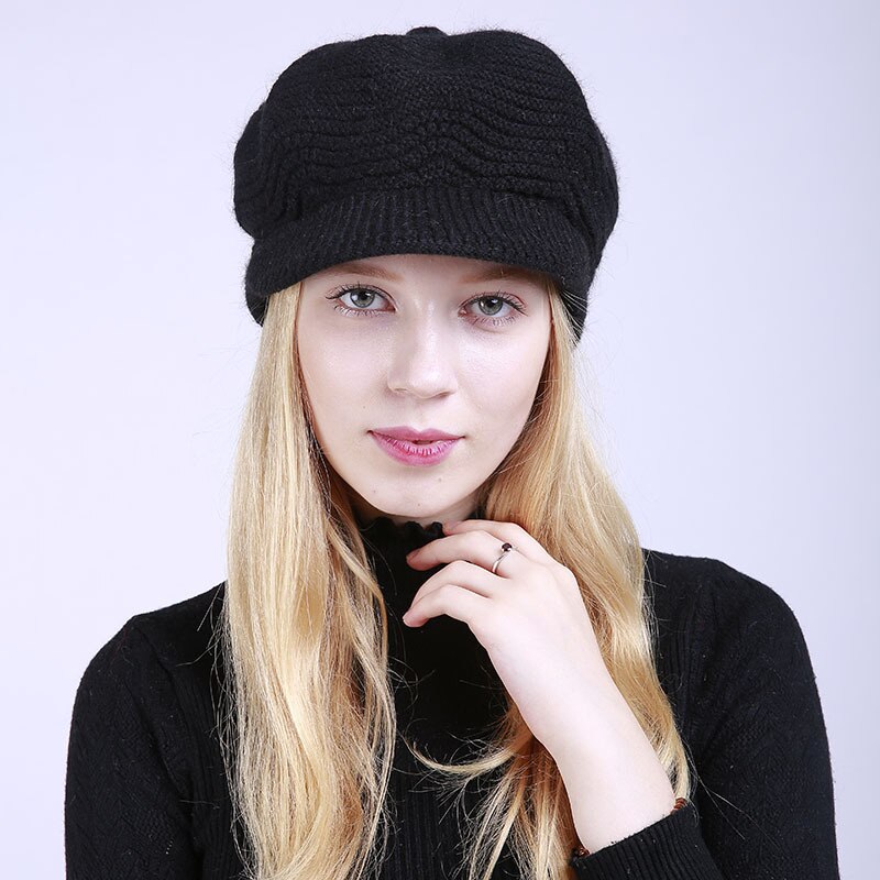 Autumn Winter Brim Wool Hat Solid Color Soft Beanie Female Women Warm Fleece Inside Knitted Visors Cap