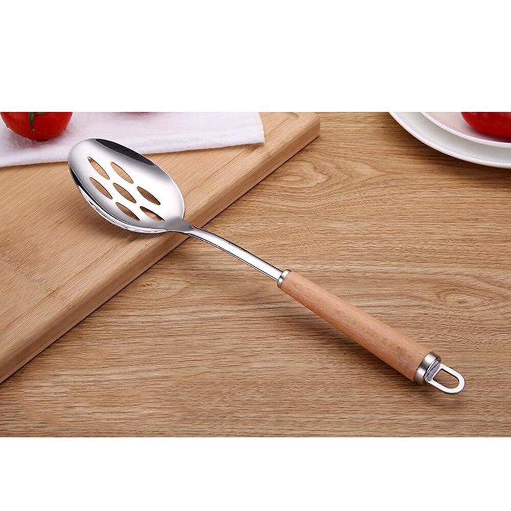 1Pcs Spatula with Wooden Handle Stainless Steel Kitchenware Set Household Spoon Kitchen Gadget Stainless Steel Frying Shovel: Mixing Spoon