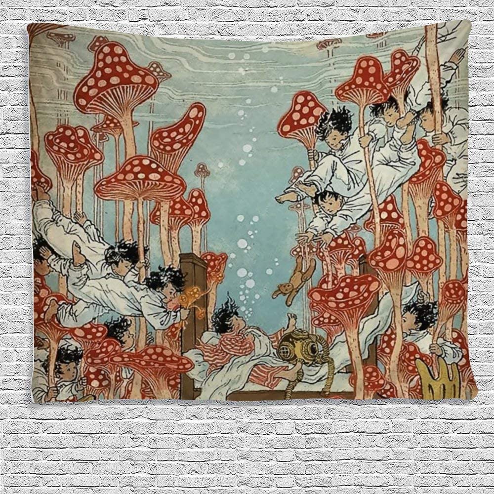 Hippie Art Cute Children and Red Mushroom in Water Tapestry Wall Hanging