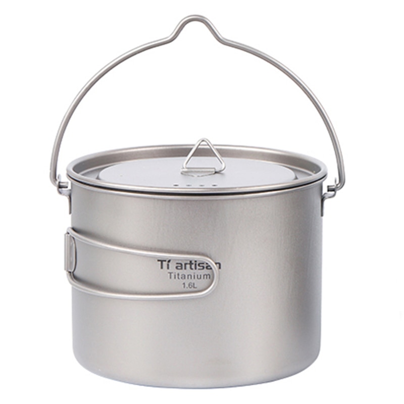 Tiartisan 1600 ml Titanium Cup Pot Draagbare Cup Opknoping Pot met Deksel en Opvouwbaar Handvat Outdoor Wandelen Backpacken Ta8318-BH
