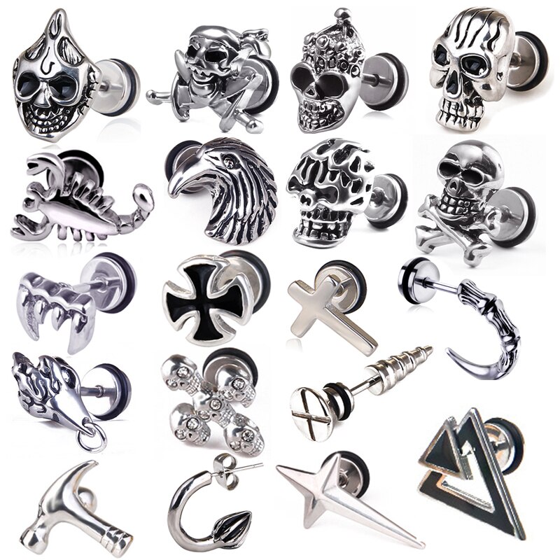 Pendientes Unisex de acero inoxidable para hombre y mujer, Piercing, tornillo, Cruz, Calavera, Punk, Helix, joyería