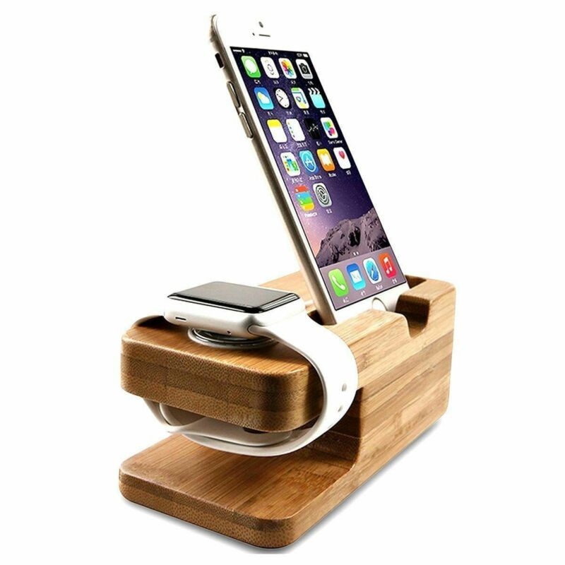 Træ opladningsstation til mobiltelefon holder stativ bambus oplader stativ base til apple ur og til iphone