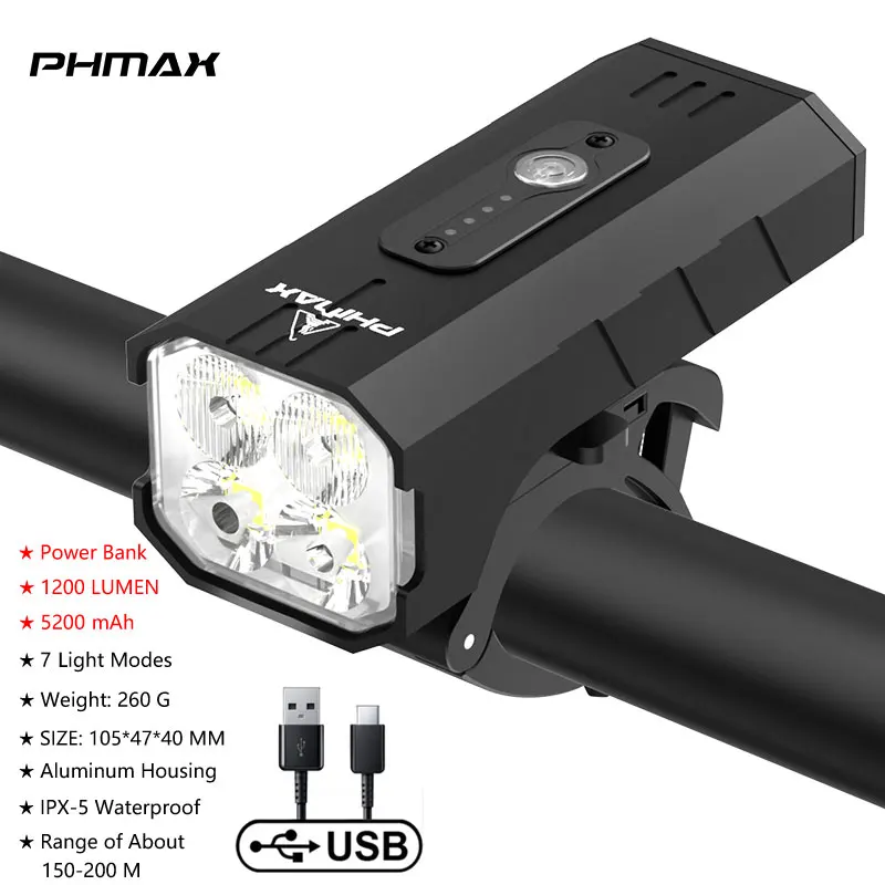 PHMAX Luce anteriore per bicicletta Faro per bici ricaricabile tramite USB 1500 lume Torcia per montagna bicicletta in alluminio impermeabile