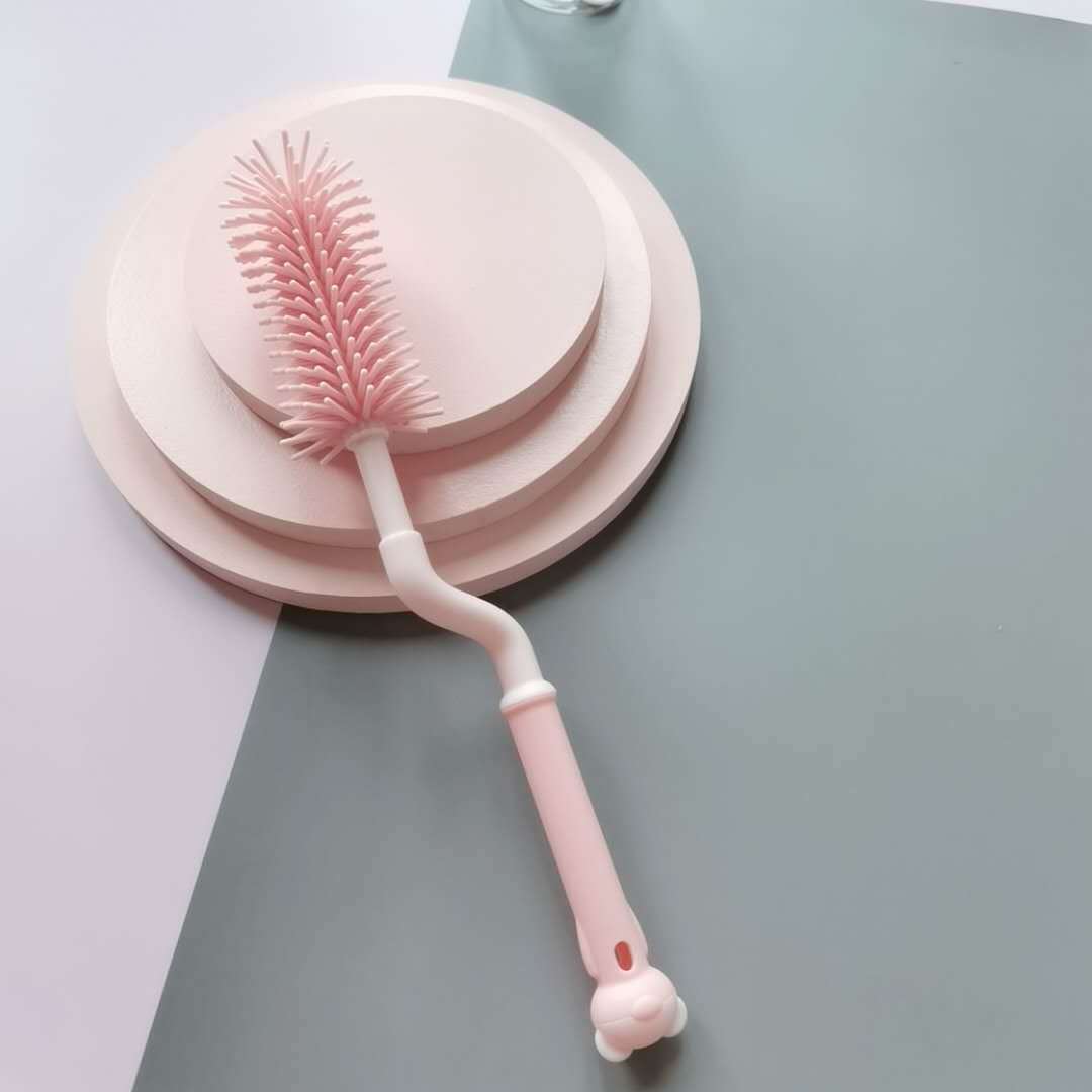 Limpiador de biberones para bebé recién nacido, cepillos de silicona con rotación de 360 grados, mango largo, botella de leche, taza de pezón, cepillo de limpieza: pink