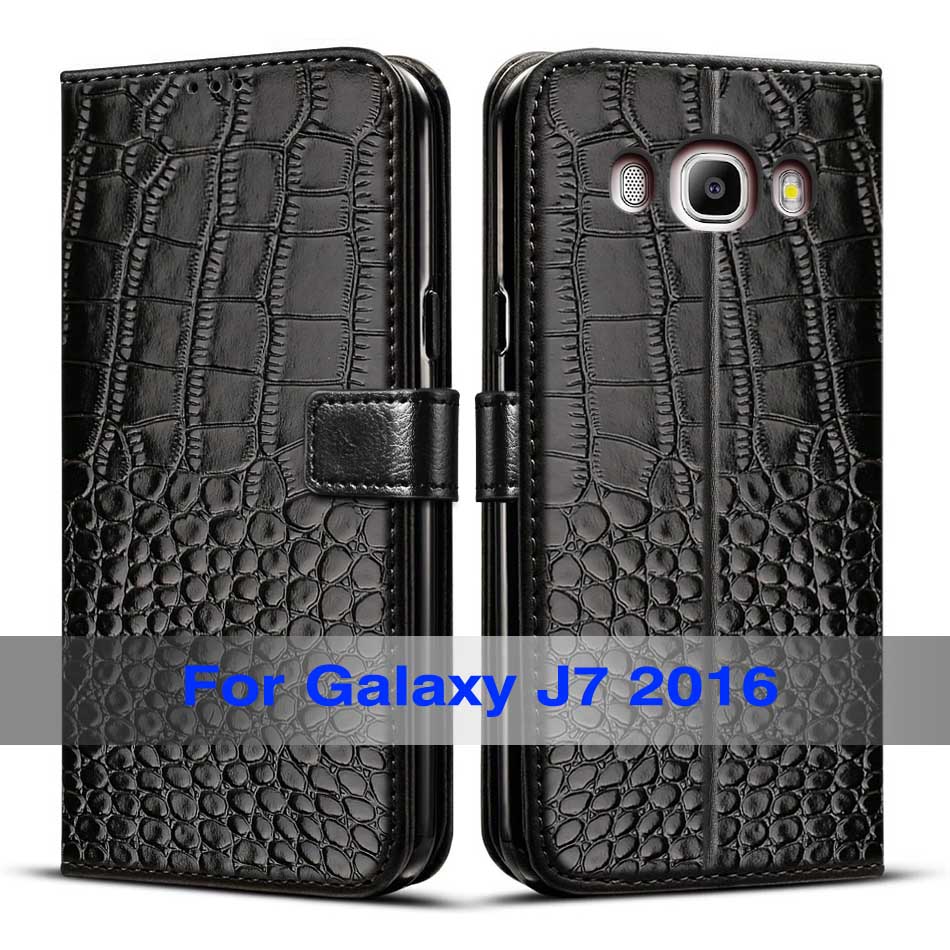 Coque à rabat en cuir avec fentes pour cartes, étui magnétique pour Samsung Galaxy J7 J710 J710F: Black