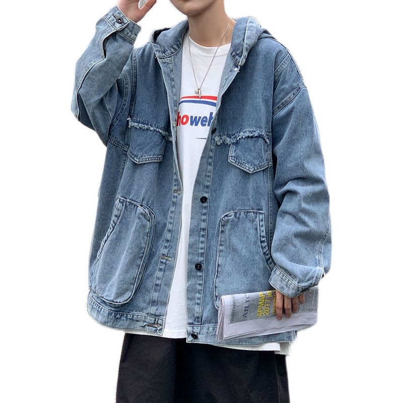 Autumn Hooded Denim Jacket Men's Retro Casual Thick Denim Jackets Mens Streetwear Loose Hip-hop Bomber Jacket Men M-2XL