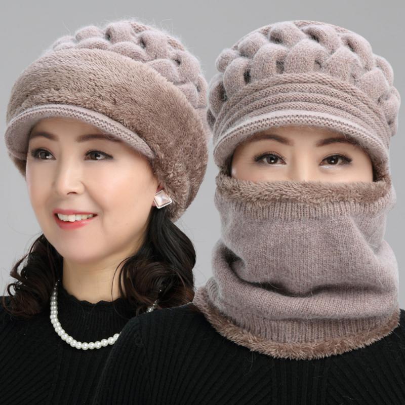Women Bib Beanie Hat Pom Bobble Scarf Mask Ear Set Knitted Winter Warm Snow Ski Cap Thicken Plus Velvet Warm Scarf Knitted Hat