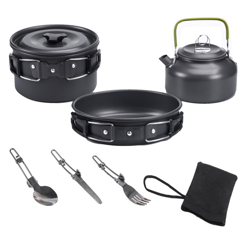 Utensilios de cocina portátiles de aleación de aluminio ultraligeros, 7 piezas, para acampar, cocina al aire libre, Picnic, vajilla, hervidor, sartén: Negro
