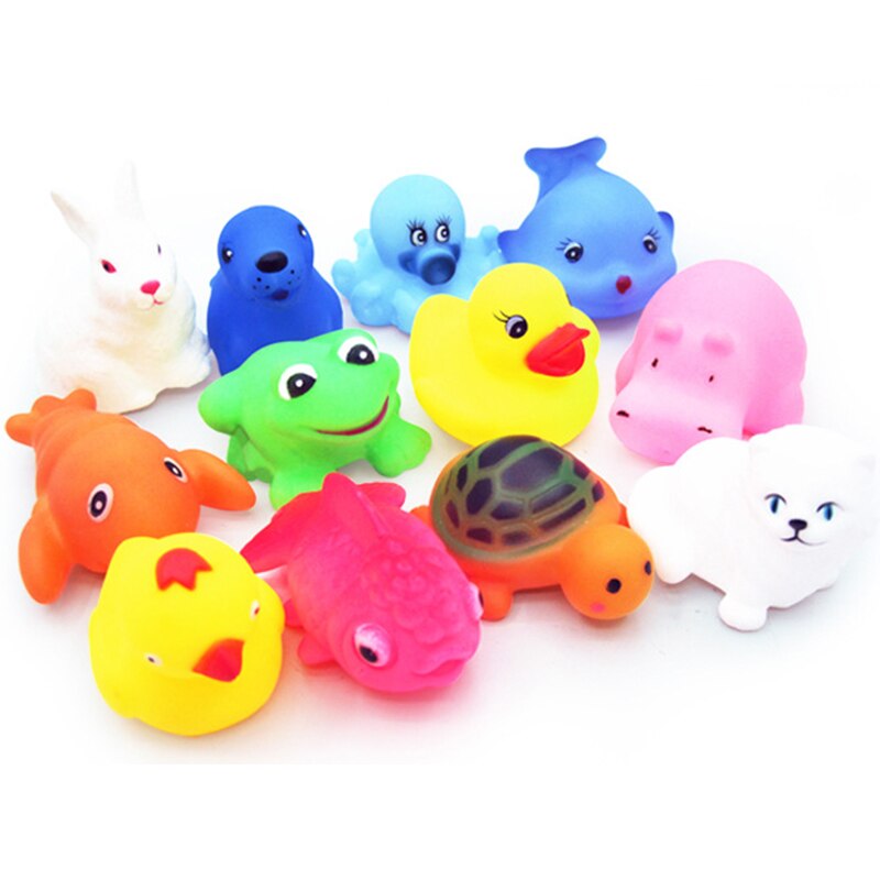 12 Stuks Leuke Dieren Zwemmen Water Speelgoed Kleurrijke Zachte Rubber Float Squeeze Sound Piepende Bathing Toy Baby Bad Badkamer Speelgoed