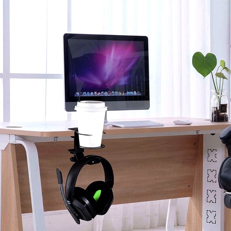 2 In 1 Universal Gaming Headphone Holder Headset Hook Hanger Mount Under Desk Drink Cup Mug Rack Organizer &amp