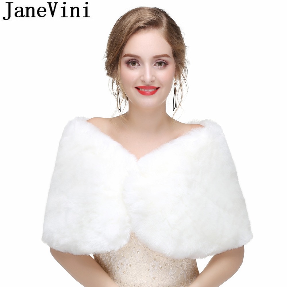 JaneVini Bridal Fur Warp Faux Fur Wedding Shawl Winter Warm Cloak Short Cape for Bride Evening Dress Bolero Mariee