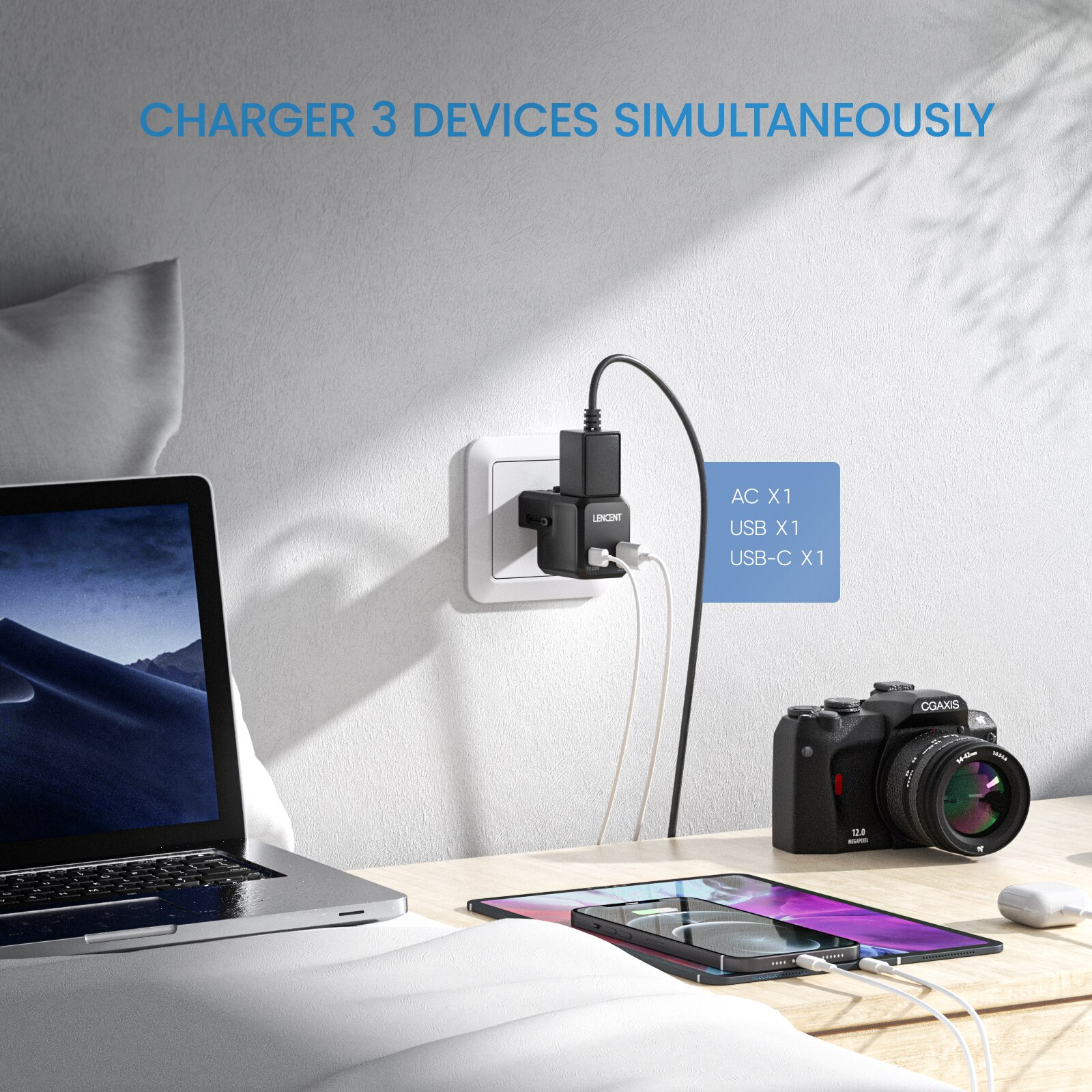 Lencent universal reiseadapter med 1 ac uttak 20w 1 usb  qc 3.0 port og 1 pd hurtiglader, strømadapter for usa, eu, storbritannia og australia