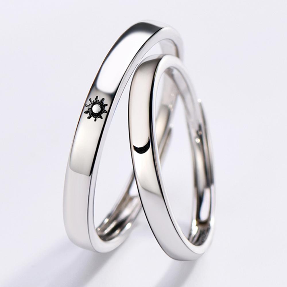 Einfache Öffnung Sonne Mond Ring Minimalistischen Silber Farbe Sonne Mond Einstellbare Ring Für Männer Frauen Paar Verlobung Schmuck: A pair