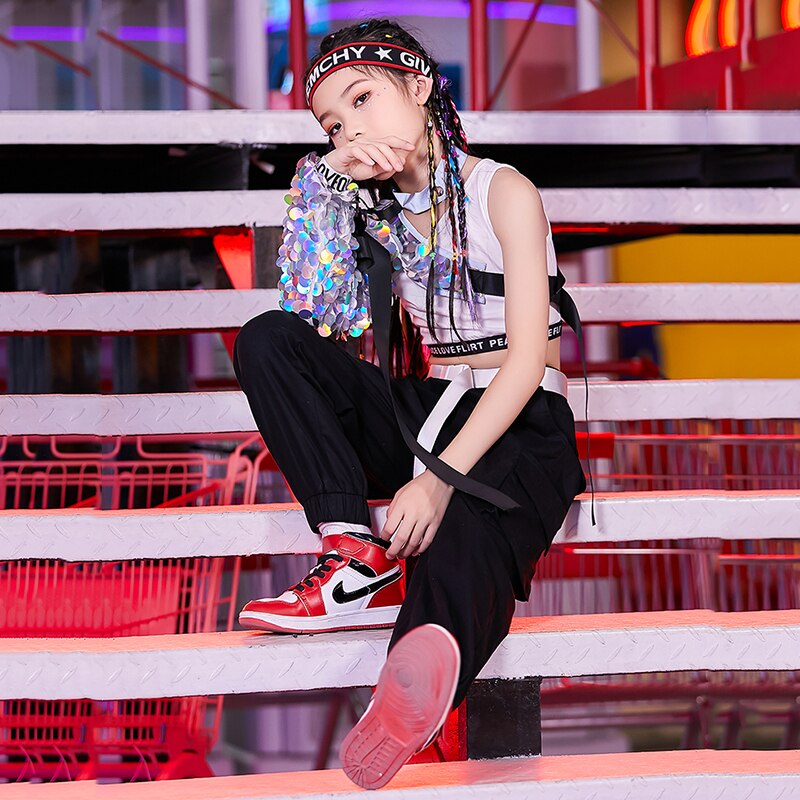 Children Hip Hop Street Dance Costumes Girls' Jazz Performance Clothing Modern Dancer Outfit Sequins Shawl Top DNV13759