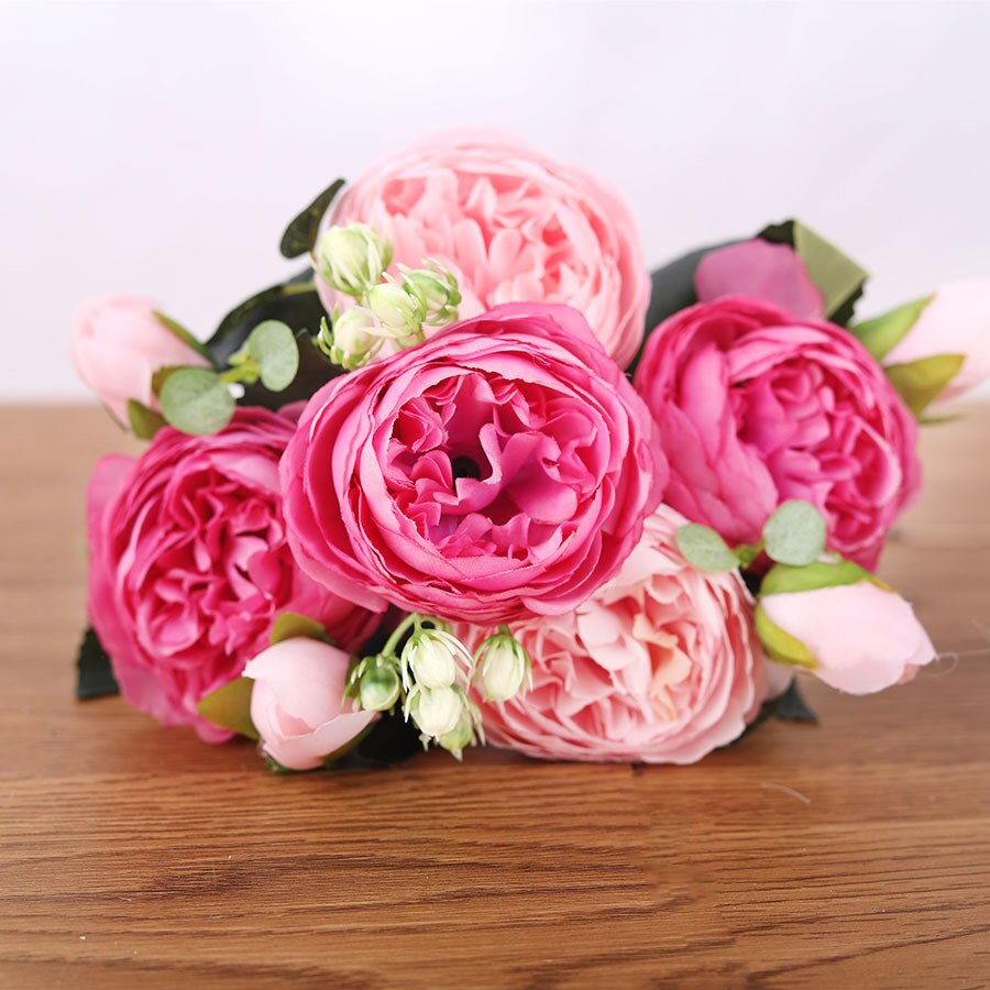 30 cm persisk rose korean buket pæon kunstig blomst 5 stort hoved 4 lille knopp bryllup boligindretning blomst fotografering prop: Tofarvet