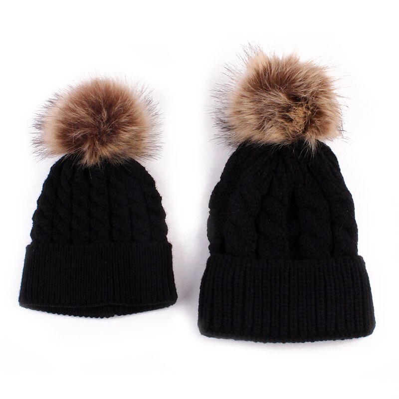 Gorro cálido de punto para madre e hijo, gorro de lana con pompón de pelo, gorro de esquí de ganchillo, 2 uds.: Negro