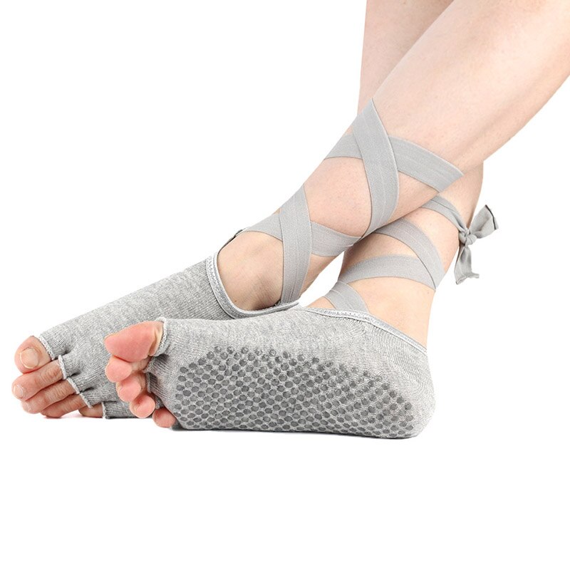 Calzini Yoga Cotone - Mezzo Dito Antiscivolo - Donna Pilates Barre Workout: Grigio