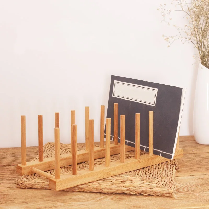 Kitchen Dish Drain Rack Wooden Display Stand Drainer Holder Drying Bowl Holder Simple Pot Lid Shelf Dinnerware Storage Organizer