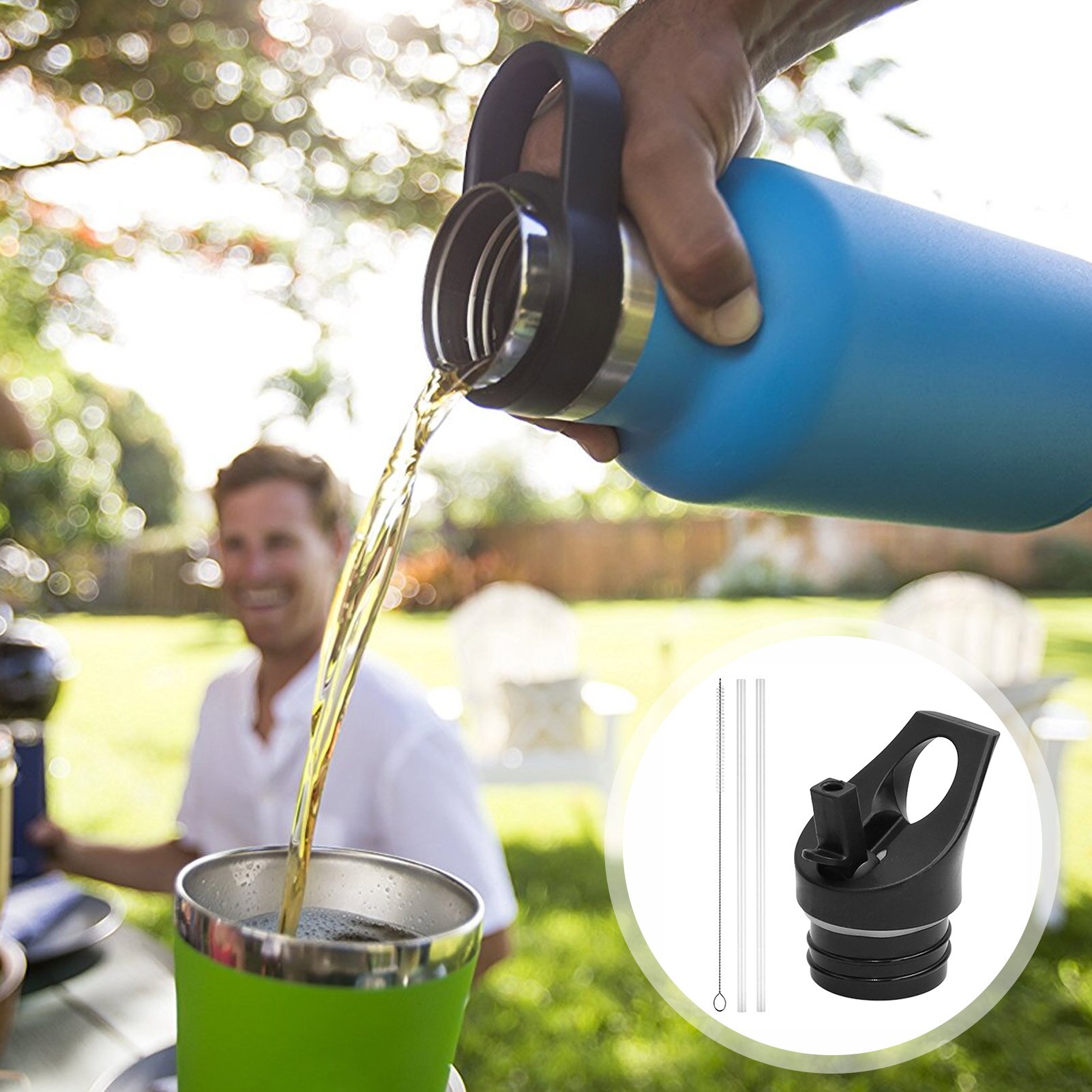 Couvercles de paille à large bouche pour hydroflacon, couvercle de bouteille d&#39;eau 12-64Oz, comprend 2 couvercles étanches, 4 pailles, 2 brosses à paille