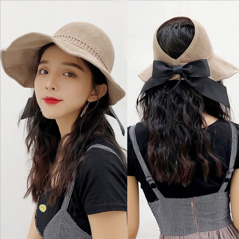 Zomer Boog Zon Hoeden Lege Top Hat Vrouwen Uitsparing Strand Hoed Vrouwen Zon Cap Lint Knit Raffia Zonnehoed uv Protction Caps