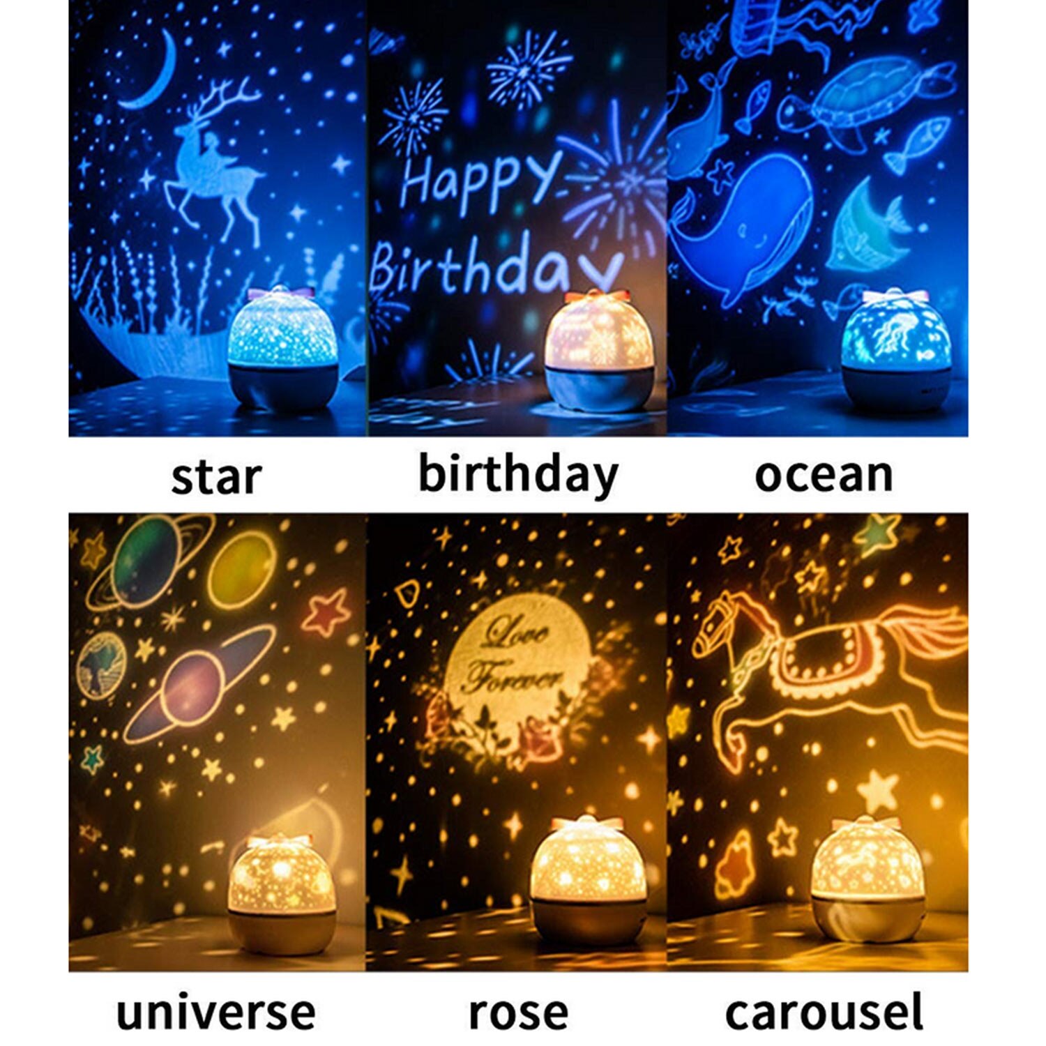 Starry Romantic 360 Degree Rotating Star Projector Lamp Night Light with USB Music 3-Light Color 6-Film for Kids Bedroom Party