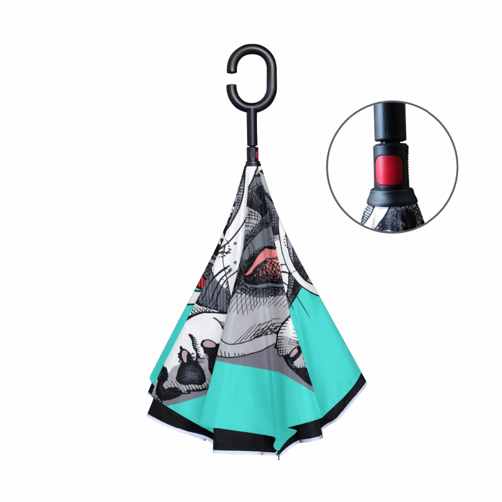 French Bulldog Reverse Umbrellas Folding Double Layer Inverted Chuva Umbrella Self Stand Inside Out Rain Protection C-Hook Hands