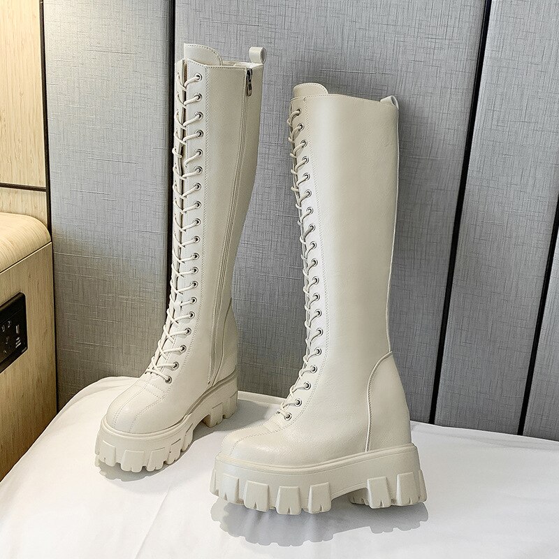 Plate-forme trapue en cuir pu genou bottes hautes femmes rétro Punk hauteur augmentant bottes longues femme à lacets chaussons Mujer erf56: Creamy-white / 37