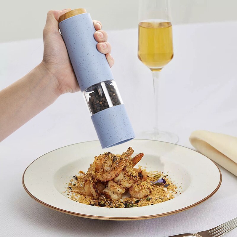 Electric Salt Pepper Grinder with LED Light Automatic Spice Mill Wheat Straw Grinders Shaker Adjustable Coarseness Ceramic Core