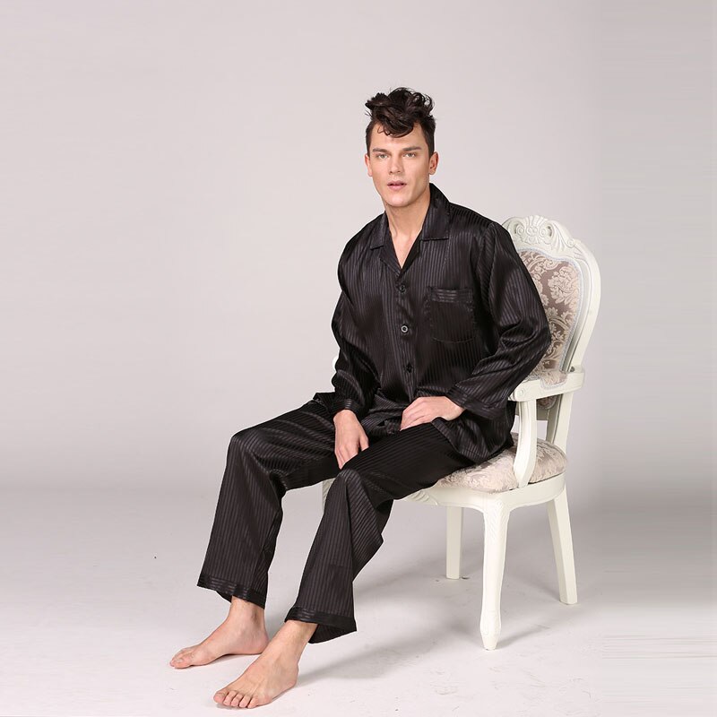 Pijama clásico de lujo con a rayas para hombre, ropa de dormir de manga larga, Tops, pantalones, Pijama de seda de hielo, conjunto: Black / 2XL
