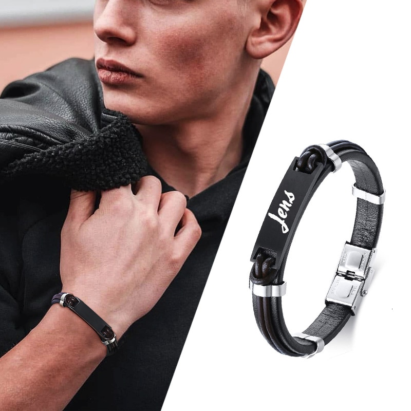 Personaliseren Tag Armband Voor Mannen Zwart Lederen Armband Met Roestvrij Staal Id Bangle Mannen Sieraden