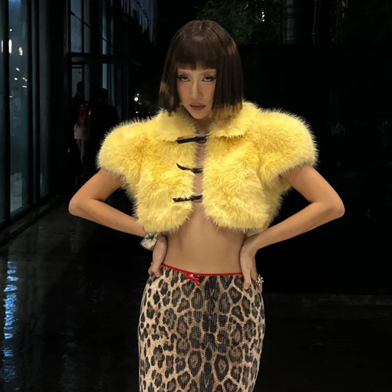 Fluffiga fuskpälsjackor för kvinnor crop top turn down krage korta ärmar bältesspännen koftor kappa varm väst ytterkläder