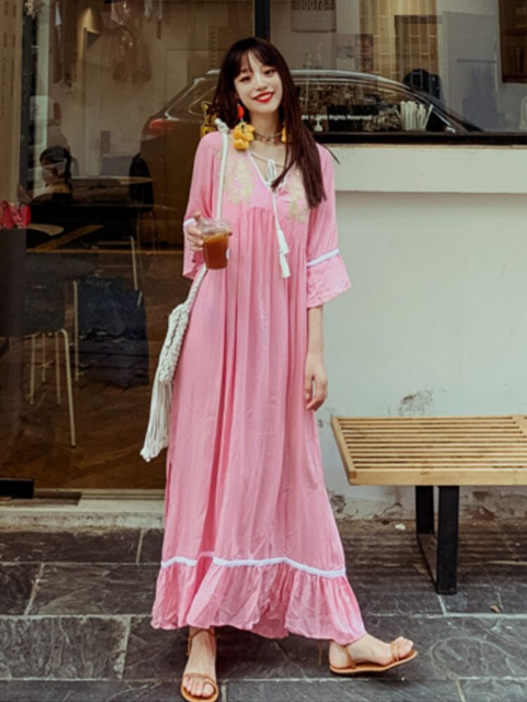 Vestido largo bohemio de algodón con bordado para mujer, ropa india, Kurta, estilo étnico, largo, para vacaciones en la playa