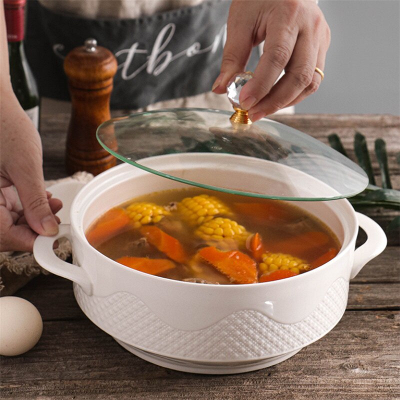 Nordic Keramische Handvat Salade Fruit Soepkom Met Deksel Grote Noodle Rijst Voedsel Pot Thuis Dessert Ontbijt Havermout Kom Servies