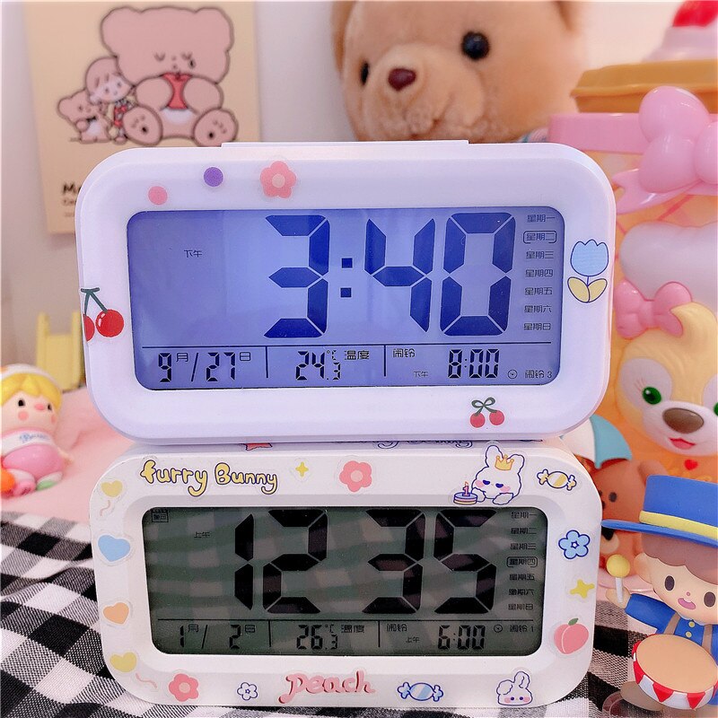 Kids Cute Cartoon Led Alarm Clock 3 Colors Changing Night Light Led Digital Alarm Clocks Student Desk Clock with Thermometer