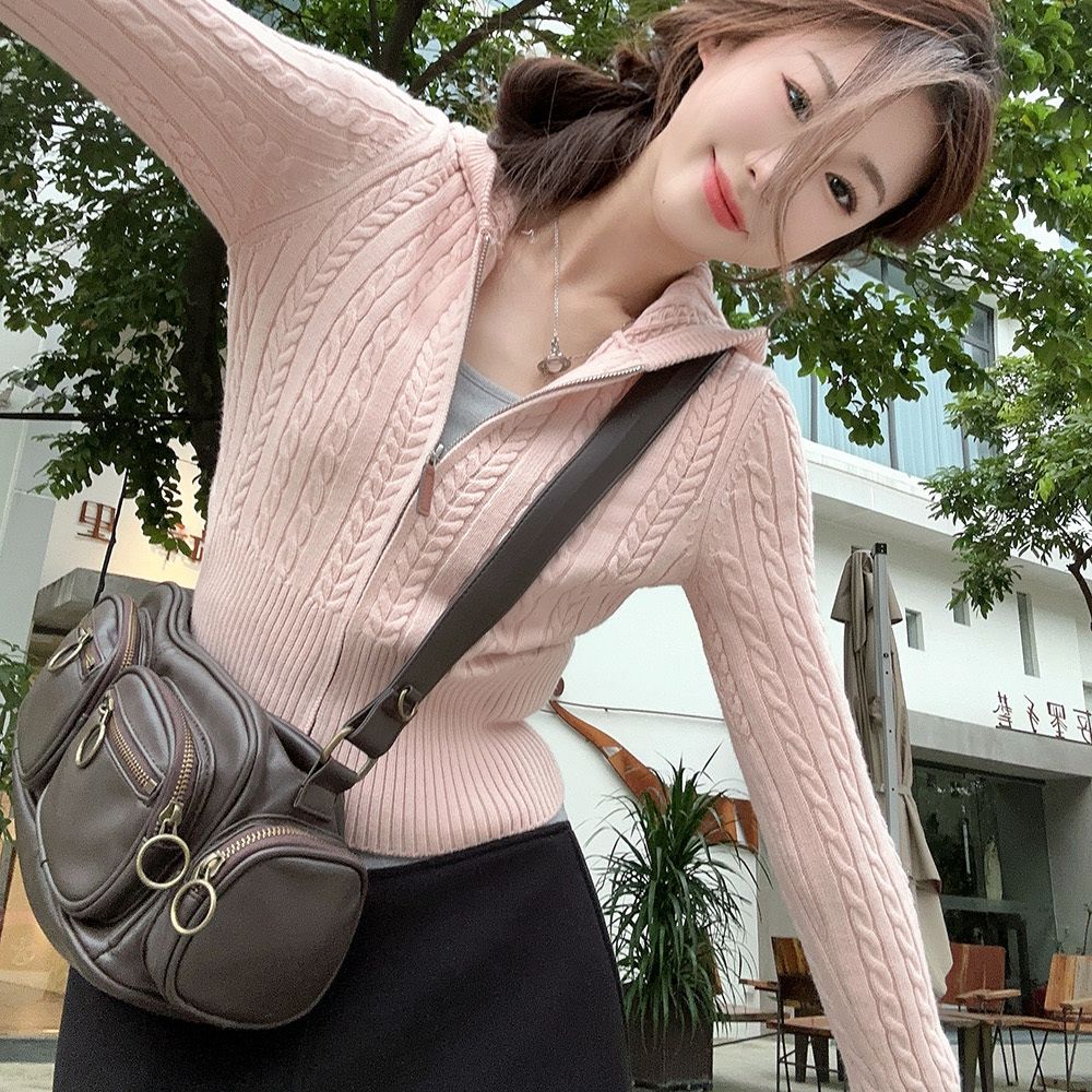 Preppy Style Twist Cardigan Women Autumn Clothing Hooded Sueter Mujer Casual All Match Knitted Solid Sweater Tops Pull Femme: S / Pink