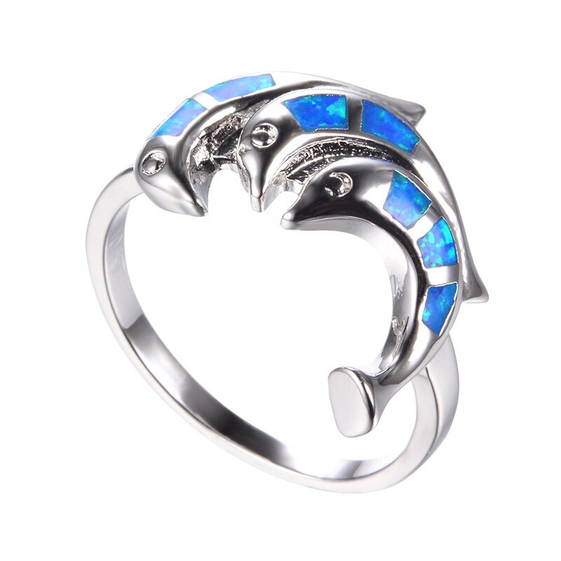 Unico anello animale a tre delfini anello di fidanzamento in pietra opale blu bianco anelli di nozze Color argento alla moda per gioielli da donna oceano: 9 / Blue