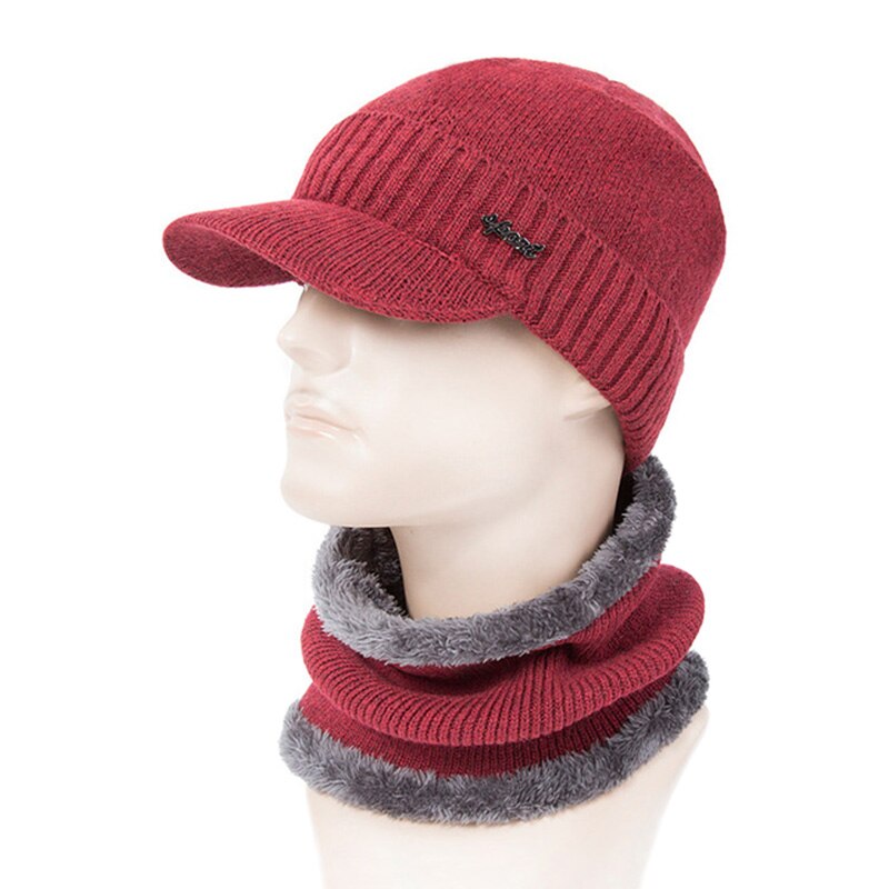 Vinter hatte beanies til mænd varm mand plus fløjl strikkede hatte tørklæder cap krave sæt balaclava maske motorhjelm gorras: Rød