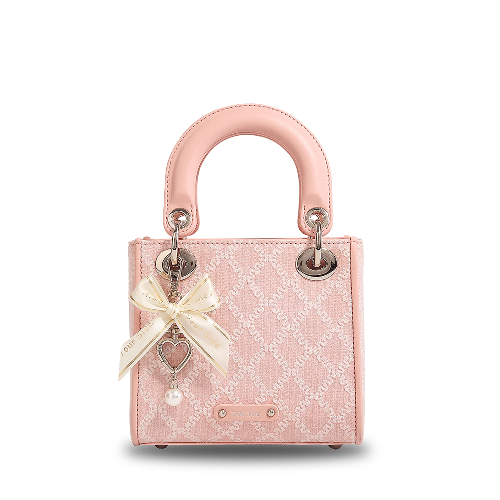 TOUTOU Argyle Jacquard Handtasche Schleife Dekor Satchel Geldbörse Damen Kleine Einkaufstasche Luxusmarke Tasche: Rosa