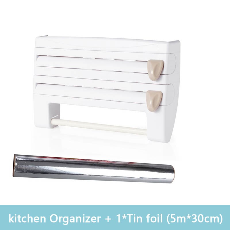Organizer for Kitchen 4 in1 Wall-Mount Paper Towel Holder Sauce Bottle Storage Film Cutter Tin Foil Rack Kitchen Organization: White-Tin foil
